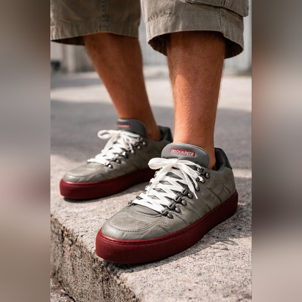 DSQUARED2 Men's Olive and Red Nylon Quilted Sneakers